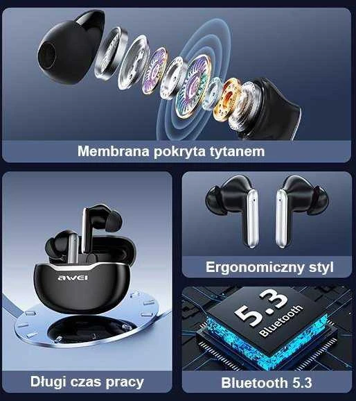 AWEI Bluetooth 5.3 T50 TWS ausinės + docking station juodos spalvos