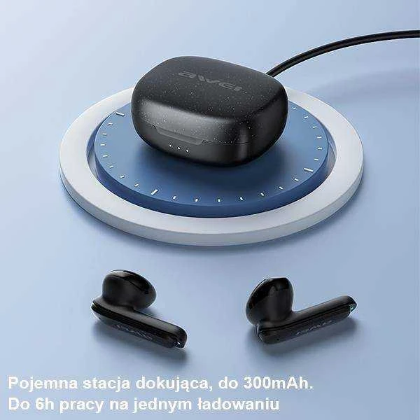 AWEI Bluetooth 5.3 T66 TWS ausinės + docking station juodos spalvos