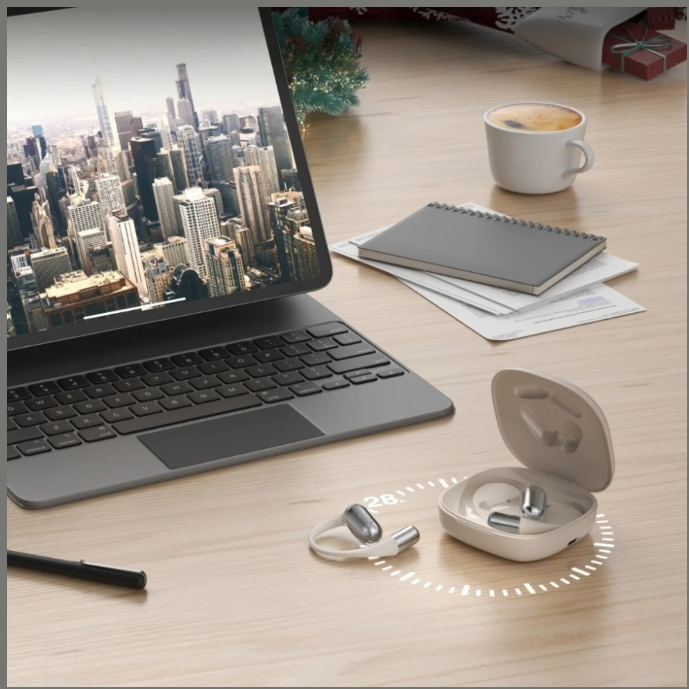 Bluetooth ausinės 4smarts SkyBuds OWS with AI screen beige