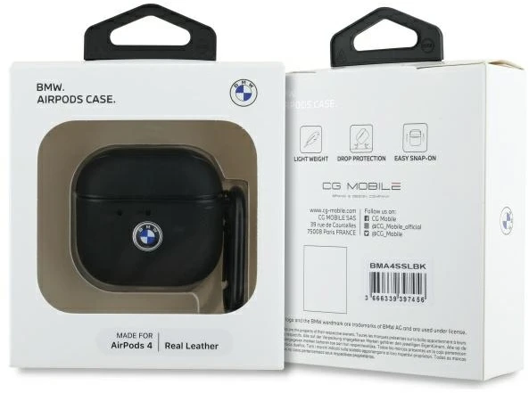 BMW BMA4SSLBK AirPods 4 dėklas, juodas, natūralios odos, su sidabro spalvos logotipu