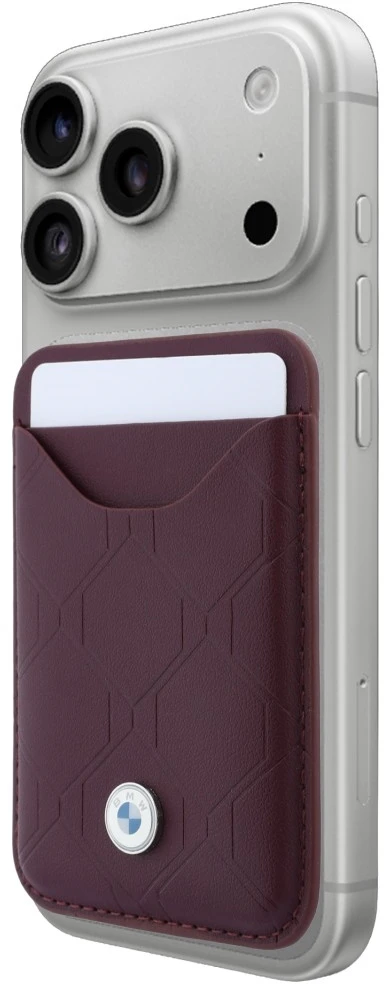 BMW dygsniuoto rašto metalinio logotipo dėklas + piniginės rinkinys, skirtas iPhone 18 Pro Max / 17 Pro Max, bordo spalvos