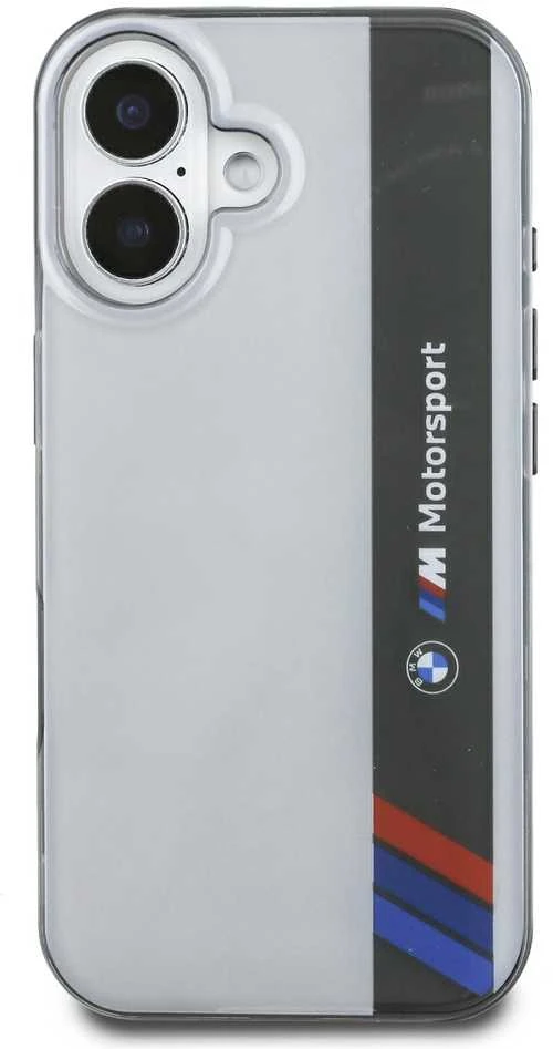 BMW BMHCP16S23HTFEG Apple iPhone 16 6.1″ pilkas kietas dėklas Motorsport IML Vertical Stripe