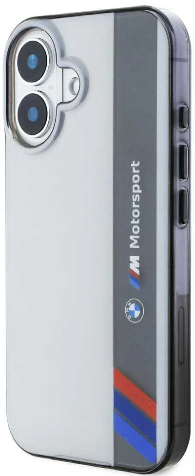 BMW BMHCP16S23HTFEG Apple iPhone 16 6.1″ pilkas kietas dėklas Motorsport IML Vertical Stripe