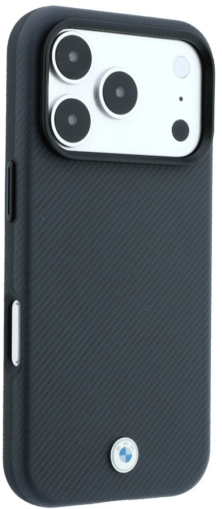 BMW Kevlar Metal Logo MagSafe dėklas, skirtas iPhone 18 Pro / 17 Pro, antracito spalvos
