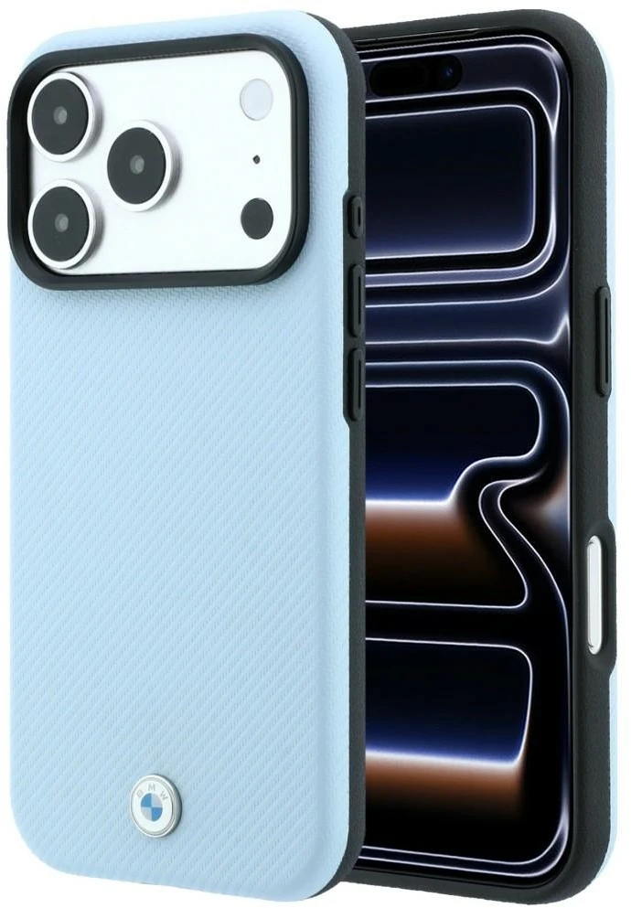 BMW Kevlar Metal Logo MagSafe dėklas, skirtas iPhone 18 Pro Max / 17 Pro Max, mėlynas