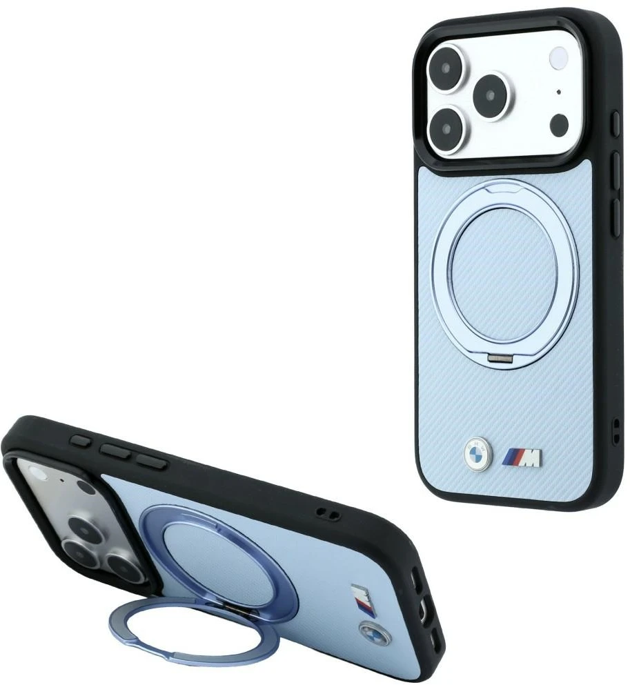 BMW Kevlar žiedinis stovas 360 MagSafe dėklas, skirtas iPhone 18 Pro / 17 Pro, mėlynas