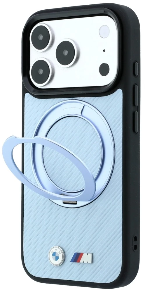 BMW Kevlar žiedinis stovas 360 MagSafe dėklas, skirtas iPhone 18 Pro / 17 Pro, mėlynas