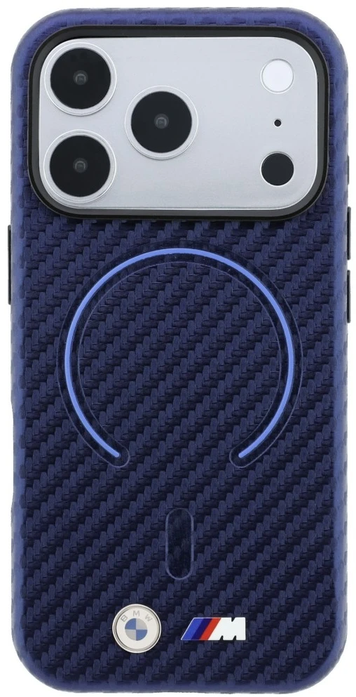 BMW M Carbon Printed Ring MagSafe dėklas, skirtas iPhone 18 Pro / 17 Pro, tamsiai mėlynas