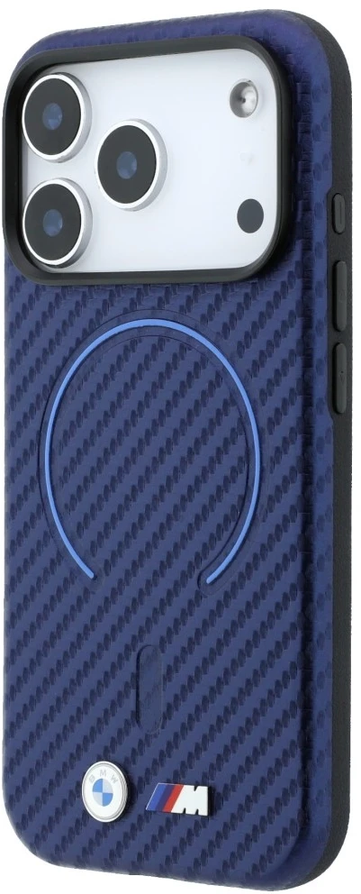 BMW M Carbon Printed Ring MagSafe dėklas, skirtas iPhone 18 Pro / 17 Pro, tamsiai mėlynas