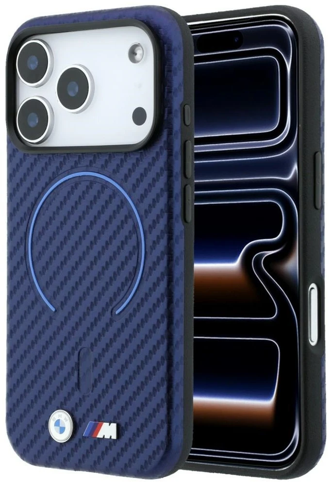 BMW M Carbon Printed Ring MagSafe dėklas, skirtas iPhone 18 Pro Max / 17 Pro Max, tamsiai mėlynas