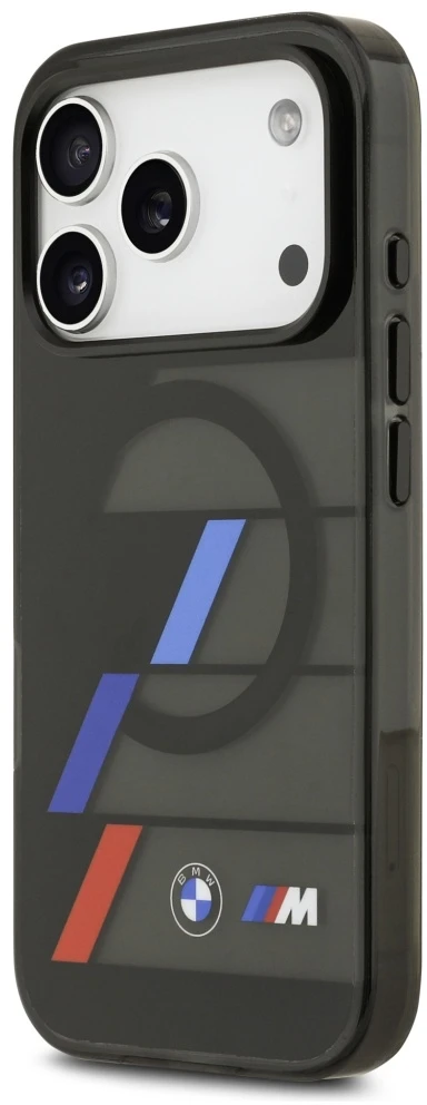 BMW M IML Metal Mygtukai Tricolor Lines MagSafe dėklas iPhone 17 Pro juodos spalvos