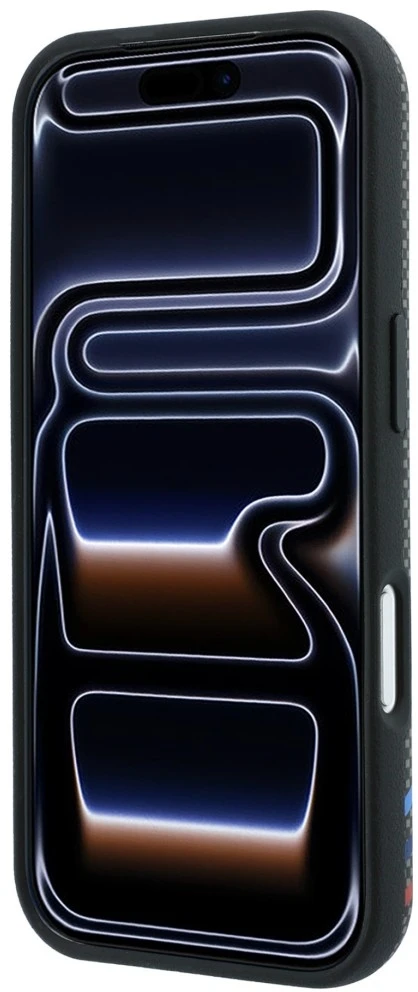 BMW M Quadrille Kevlar rašto trijų spalvų linijų ir metalinio logotipo MagSafe dėklas, skirtas iPhone 18 Pro Max / 17 Pro