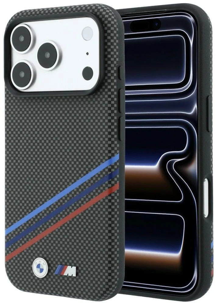 BMW M Quadrille Kevlar rašto trijų spalvų linijų ir metalinio logotipo MagSafe dėklas, skirtas iPhone 18 Pro Max / 17 Pro