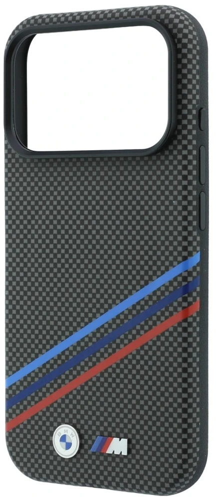 BMW M Quadrille Kevlar rašto trijų spalvų linijų ir metalinio logotipo MagSafe dėklas, skirtas iPhone 18 Pro / 17 Pro