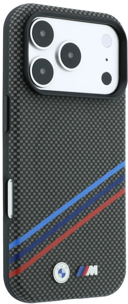 BMW M Quadrille Kevlar rašto trijų spalvų linijų ir metalinio logotipo MagSafe dėklas, skirtas iPhone 18 Pro Max / 17 Pro