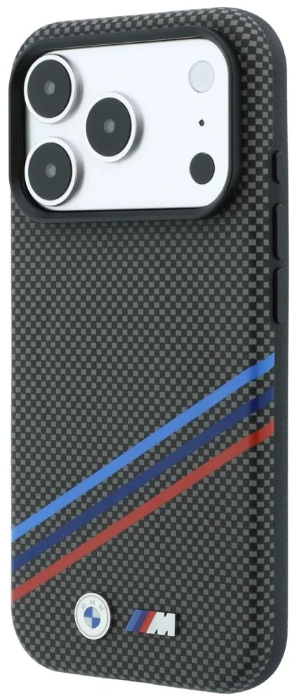 BMW M Quadrille Kevlar rašto trijų spalvų linijų ir metalinio logotipo MagSafe dėklas, skirtas iPhone 18 Pro Max / 17 Pro