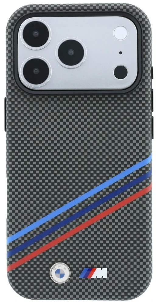 BMW M Quadrille Kevlar rašto trijų spalvų linijų ir metalinio logotipo MagSafe dėklas, skirtas iPhone 18 Pro Max / 17 Pro