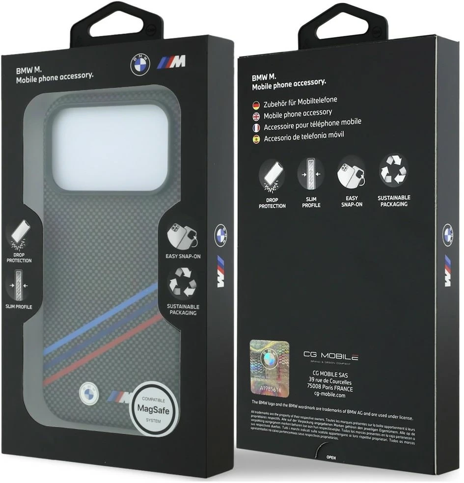 BMW M Quadrille Kevlar rašto trijų spalvų linijų ir metalinio logotipo MagSafe dėklas, skirtas iPhone 18 Pro / 17 Pro