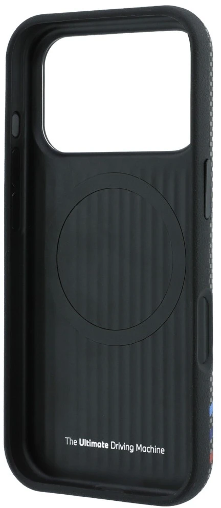 BMW M Quadrille Kevlar rašto trijų spalvų linijų ir metalinio logotipo MagSafe dėklas, skirtas iPhone 18 Pro Max / 17 Pro