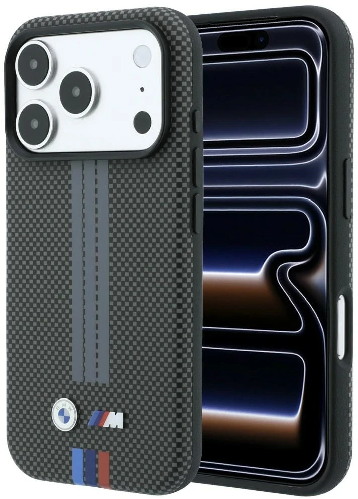 BMW M Quadrille Kevlar trijų spalvų linijų MagSafe dėklas, skirtas iPhone 18 Pro Max / 17 Pro Max, antracito spalvos