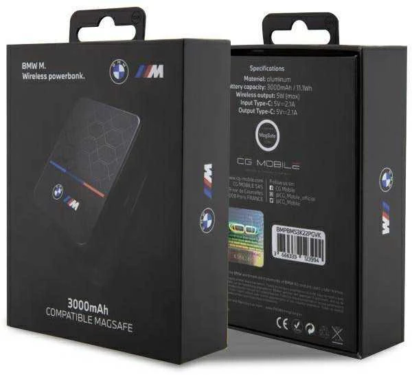 BMW Powerbank indukcinis BMPBMS3K22PGVK 5W 3000mAh + kabelis juodos spalvos M Collection MagSafe