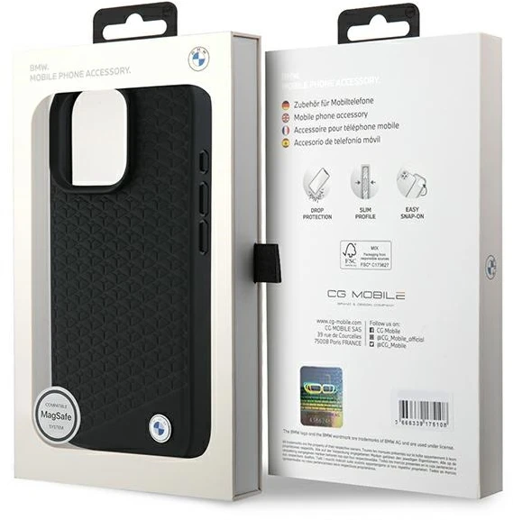 BMW BMHMP16X23RDDK Apple iPhone 16 Pro Max 6.9″ juodos spalvos kietas dėklas Sign Leather Diamond Metal Logo MagSa
