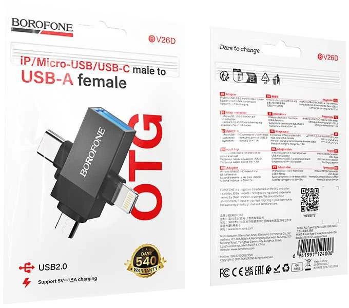 Borofone Adapteris BV26D – USB to Lightning/Type C/Micro USB – juodos spalvos