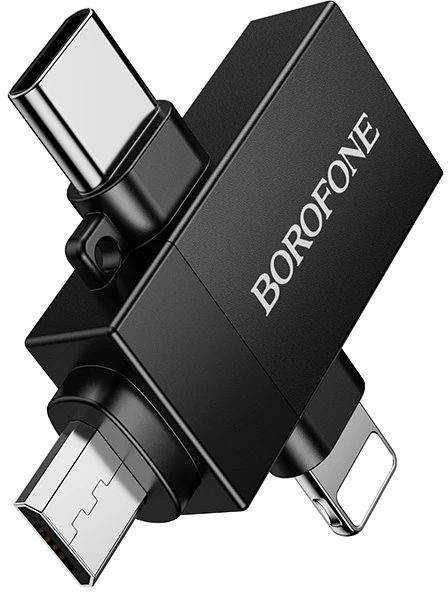 Borofone Adapteris BV26D – USB to Lightning/Type C/Micro USB – juodos spalvos