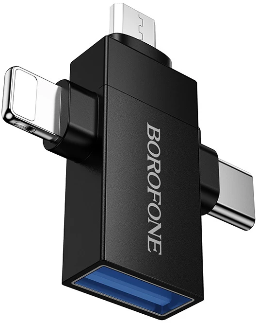 Borofone Adapteris BV26D – USB to Lightning/Type C/Micro USB – juodos spalvos
