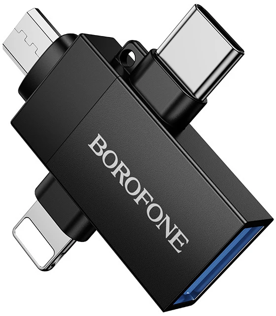 Borofone Adapteris BV26D – USB to Lightning/Type C/Micro USB – juodos spalvos