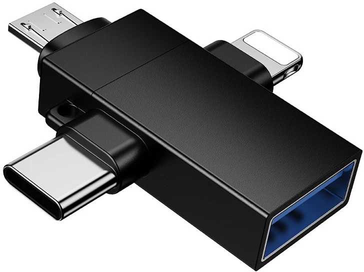 Borofone Adapteris BV26D – USB to Lightning/Type C/Micro USB – juodos spalvos