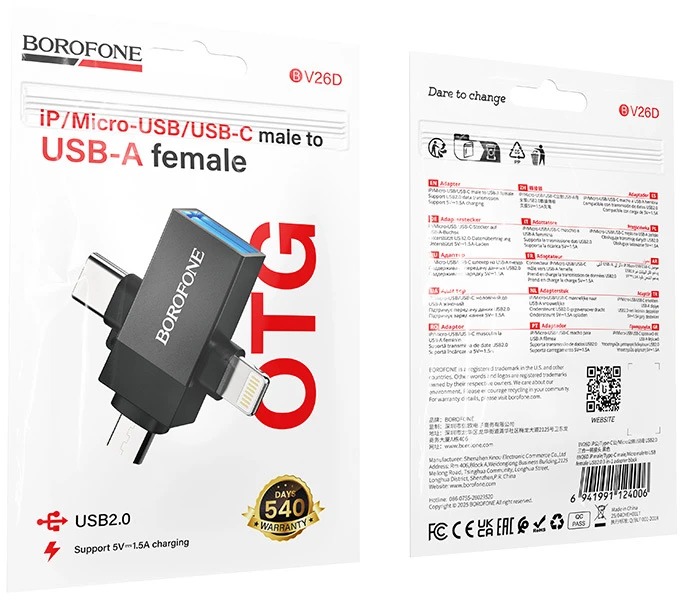 Borofone Adapteris BV26D – USB to Lightning/Type C/Micro USB – juodos spalvos