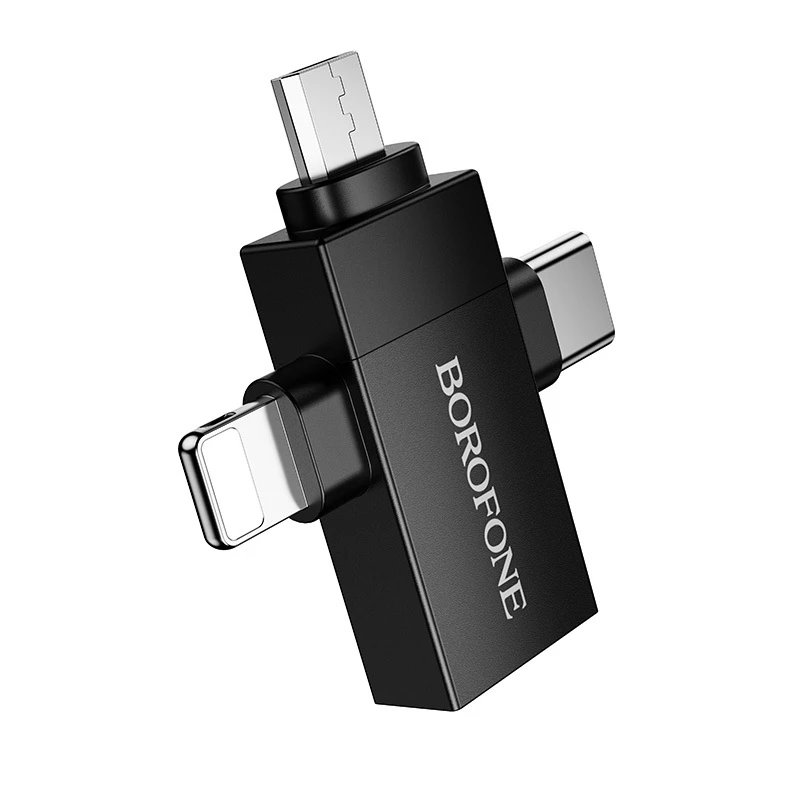 Borofone Adapteris BV26D – USB to Lightning/Type C/Micro USB – juodos spalvos