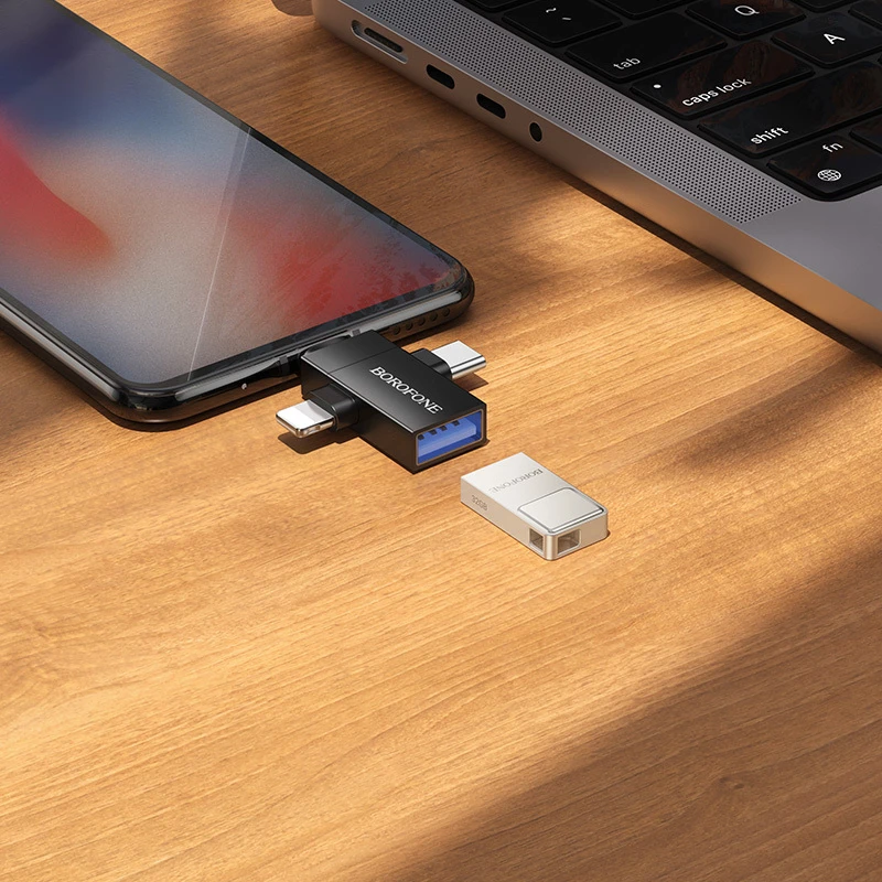 Borofone Adapteris BV26D – USB to Lightning/Type C/Micro USB – juodos spalvos
