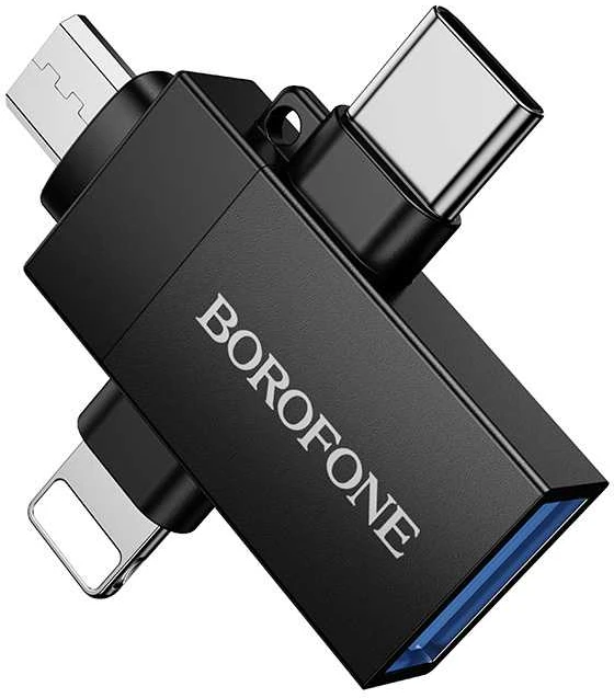 Borofone Adapteris BV26D – USB to Lightning/Type C/Micro USB – juodos spalvos