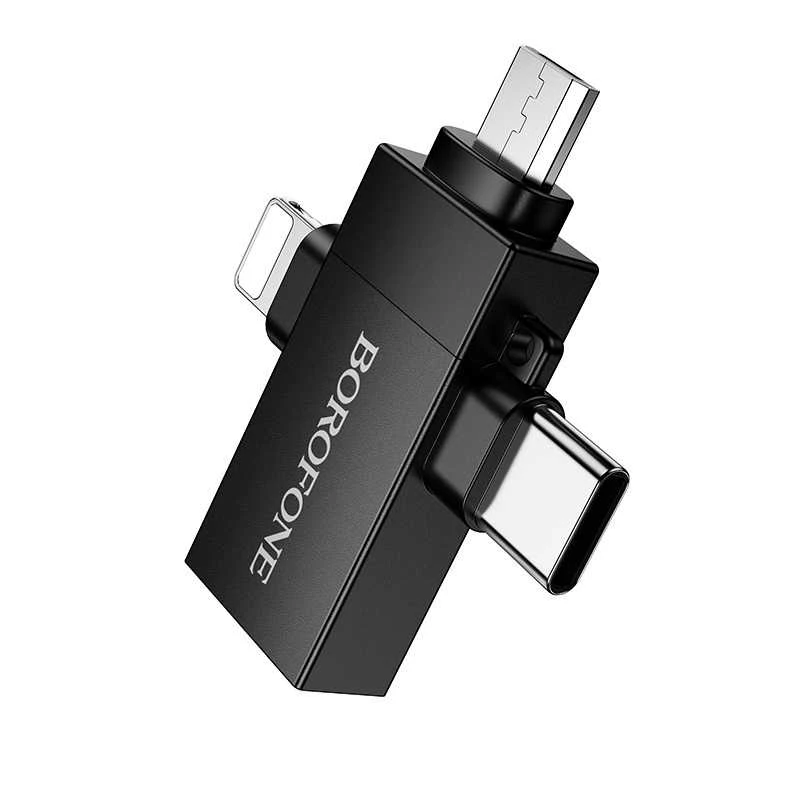 Borofone Adapteris BV26D – USB to Lightning/Type C/Micro USB – juodos spalvos