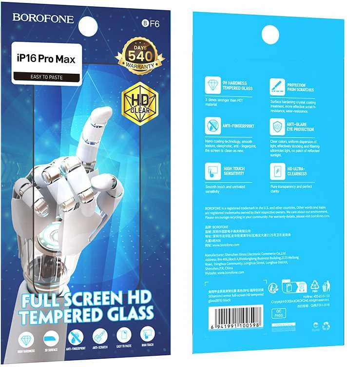 Borofone Apsauginis stiklas BF6 Diamond Armor Full Screen HD skirtas Apple iPhone 16 Pro Max – 10 vnt