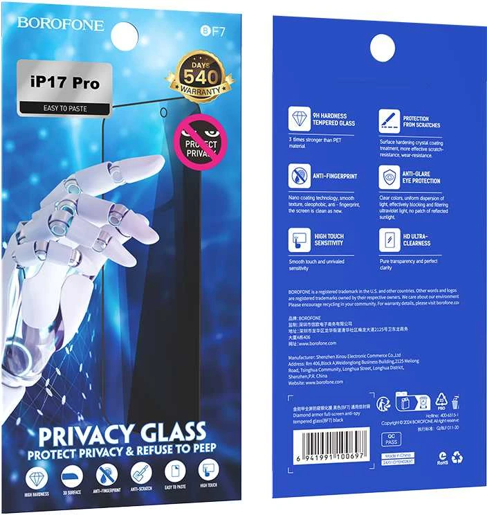 „Borofone“ apsauginis stiklas BF7 Diamond Armor viso ekrano apsauga nuo šnipinėjimo, skirtas „Apple iPhone 17 Air“ (10 vnt.)