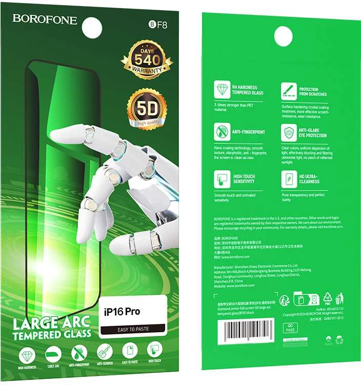 Borofone Apsauginis stiklas BF8 Diamond Armor Full Screen 5D Large Arc, skirtas iPhone 16 Pro – 10 vnt.