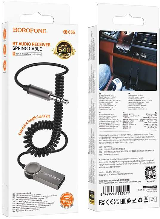 „Borofone BC56“ garso „Bluetooth“ imtuvas su AUX funkcija ir ramiu pilku