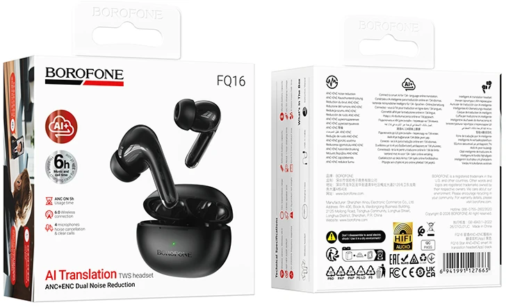 Borofone ausinės Bluetooth TWS FQ16 Star ANC+ENC smart AI juodos spalvos