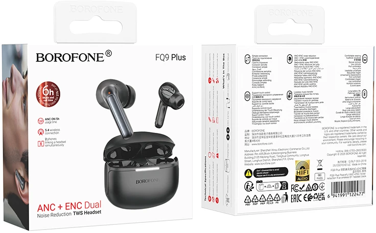 Ausinės Borofone TWS Bluetooth Earphones FQ9 Plus Peaceful ANC+ENC juodas