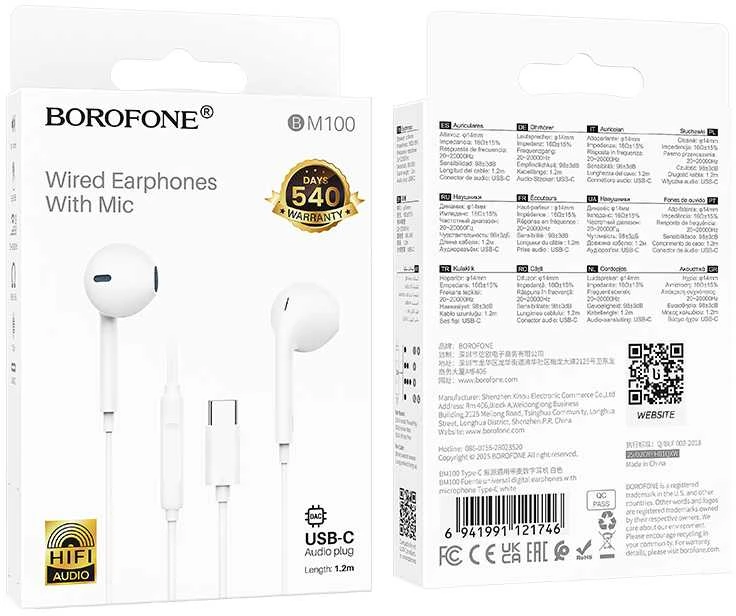 Oem Borofone ausinės BM100 Fuente su mikrofonu Typ C (DAC) baltos spalvos