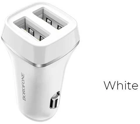 Įkroviklis automobilinis Borofone BZ2 su dviem USB jungtimis (2.4A) baltas