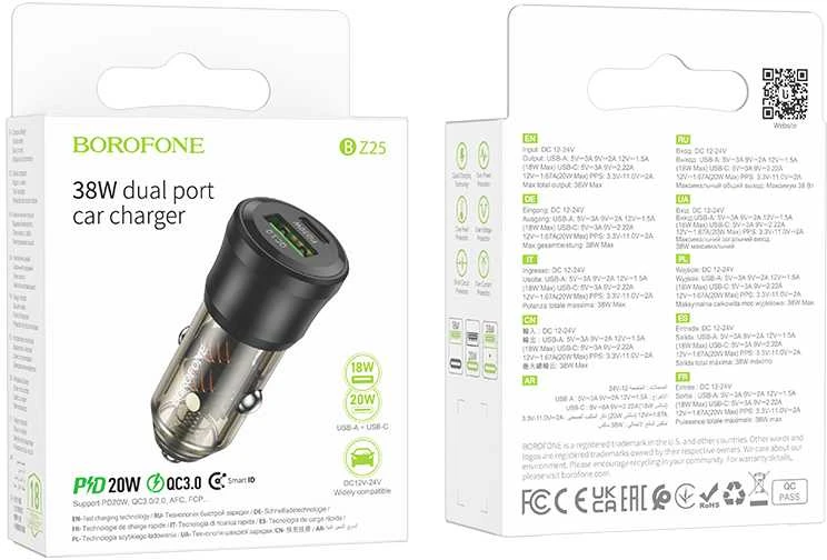 Borofone automobilinis įkroviklis BZ25 Journey - USB + Type C - PD38W 3A juodos spalvos
