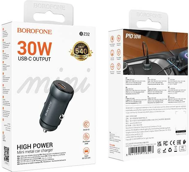 „Borofone“ automobilinis įkroviklis BZ32 Fresh – C tipo – PD 30W pilkas