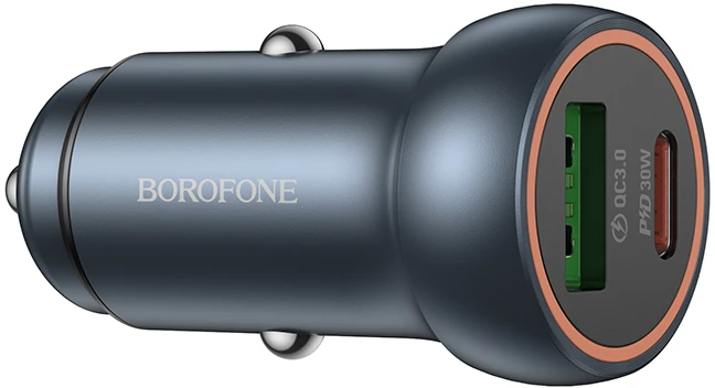Borofone automobilinis įkroviklis BZ32A Fresh – USB + Typ C – QC 3.0 PD 30W pilkos spalvos