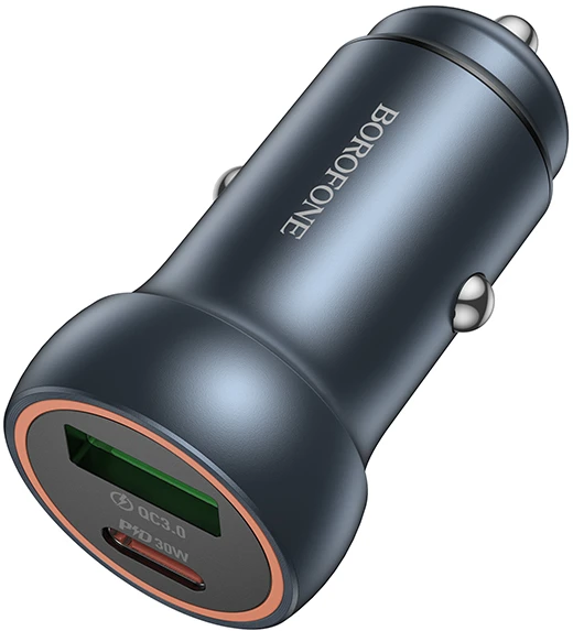 Borofone automobilinis įkroviklis BZ32A Fresh – USB + Typ C – QC 3.0 PD 30W pilkos spalvos