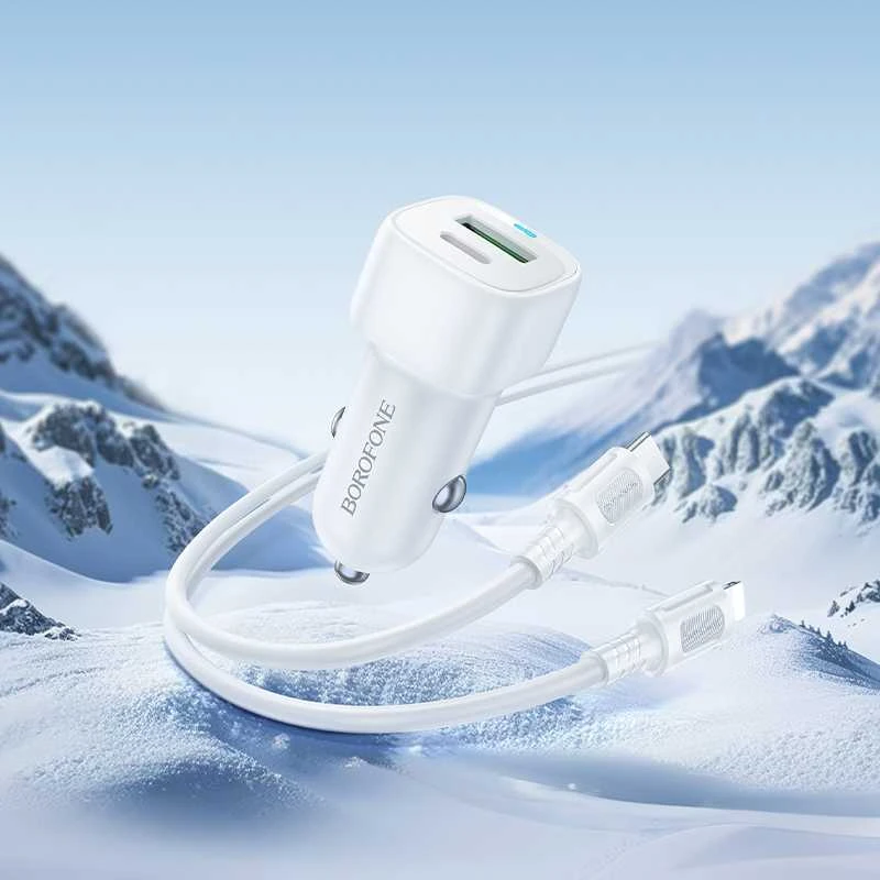„Borofone“ automobilinis įkroviklis BZ34B Cloud – USB + C tipo – QC 3.0 PD 38W su C tipo į „Lightning“ laidu, baltas