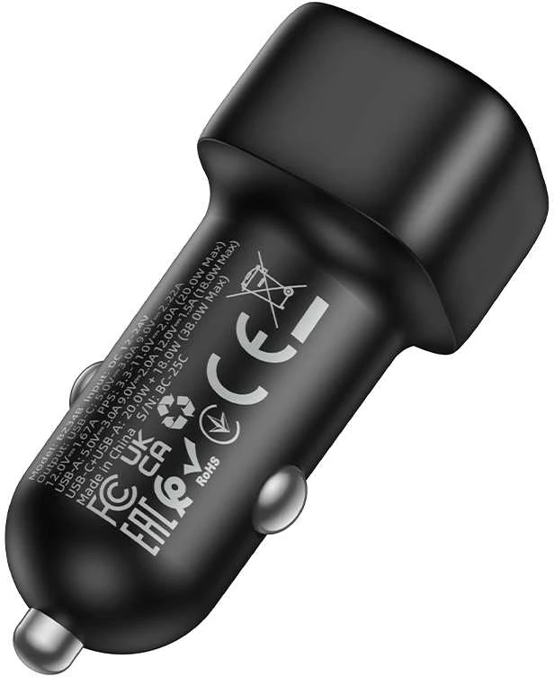 Borofone automobilinis įkroviklis BZ34B Cloud - USB + Type C - QC 3.0 PD 38W juodos spalvos